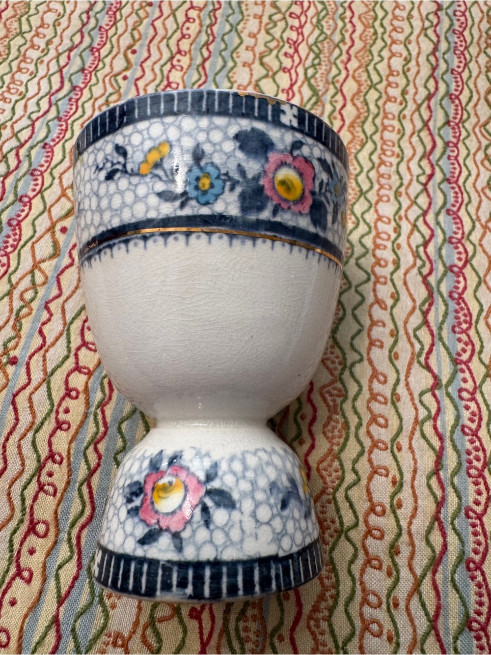 Antique 1921 English Ironstone Double Egg Cup Floral Chintz Gold Gilt 4"